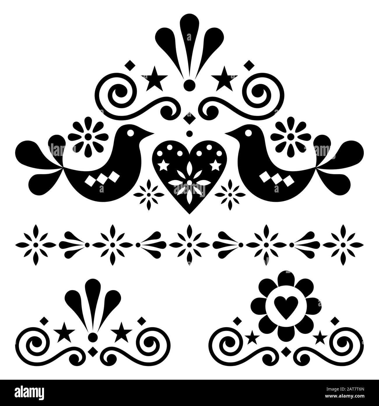 Scandinavian folk art vettoriale design set - single patterns collection, carino ornamento floreale con fiori in nero su sfondo bianco Illustrazione Vettoriale