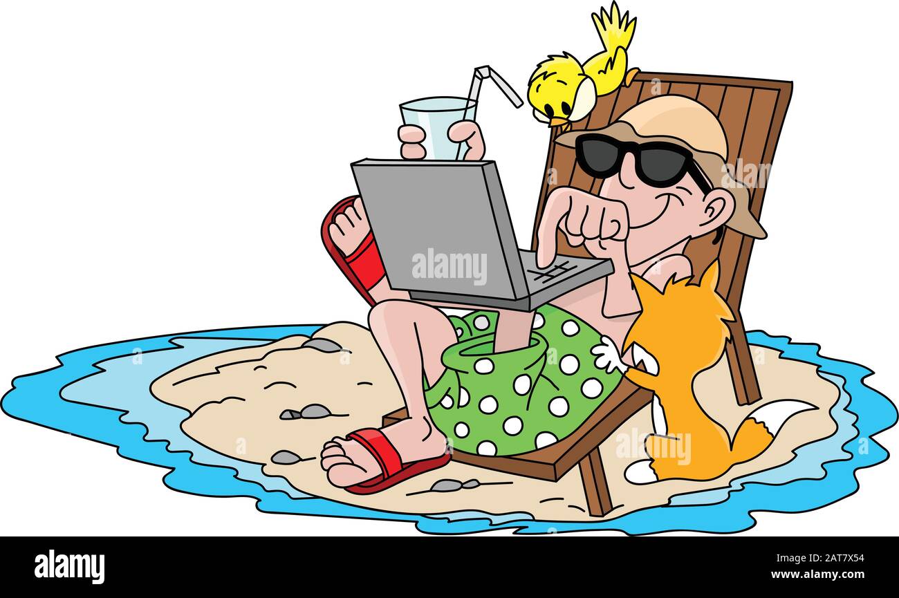 Fumetto uomo in vacanza, sdraiato su sedia da spiaggia a controllare le sue mail con il suo laptop e bere acqua fredda illustrazione vettoriale Illustrazione Vettoriale