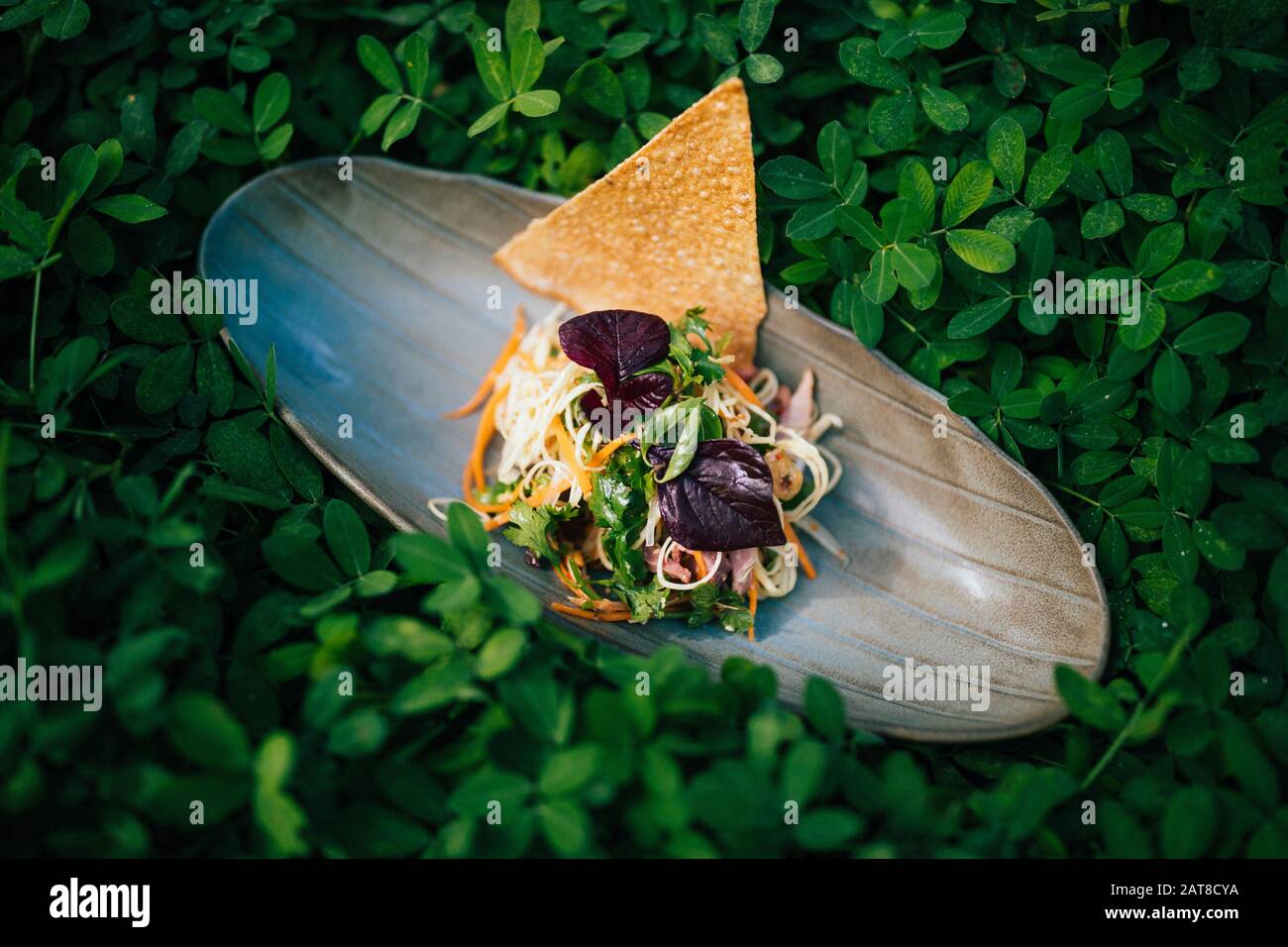Alto angolo vicino di insalata di fiori di banana con anatra ed erbe. Foto Stock