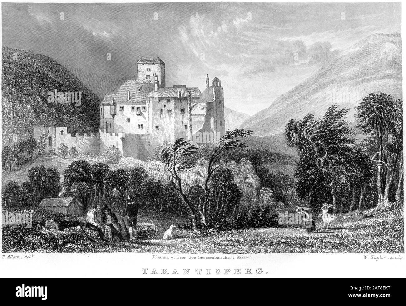 Incisione di Tarantisperg (Castello di Taranto, Dornsberg o Tarantsberg) scansionata ad alta risoluzione da un libro stampato nel 1836. Creduto copyright libero. Foto Stock