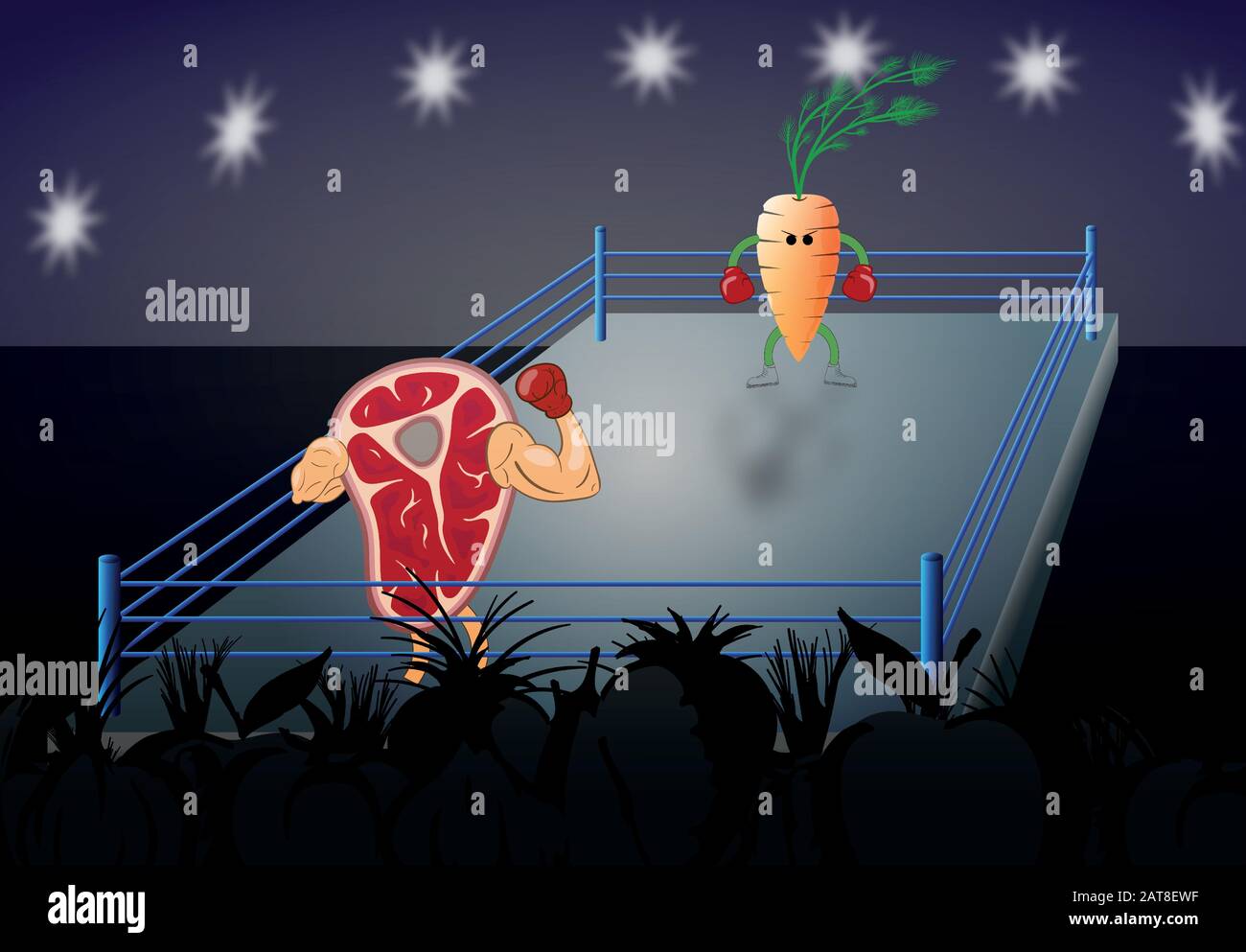 illustrazione di verdure contro carne su un anello combattivo, concetto di nutrizione corretta contro nutrizione errata, vegan Illustrazione Vettoriale