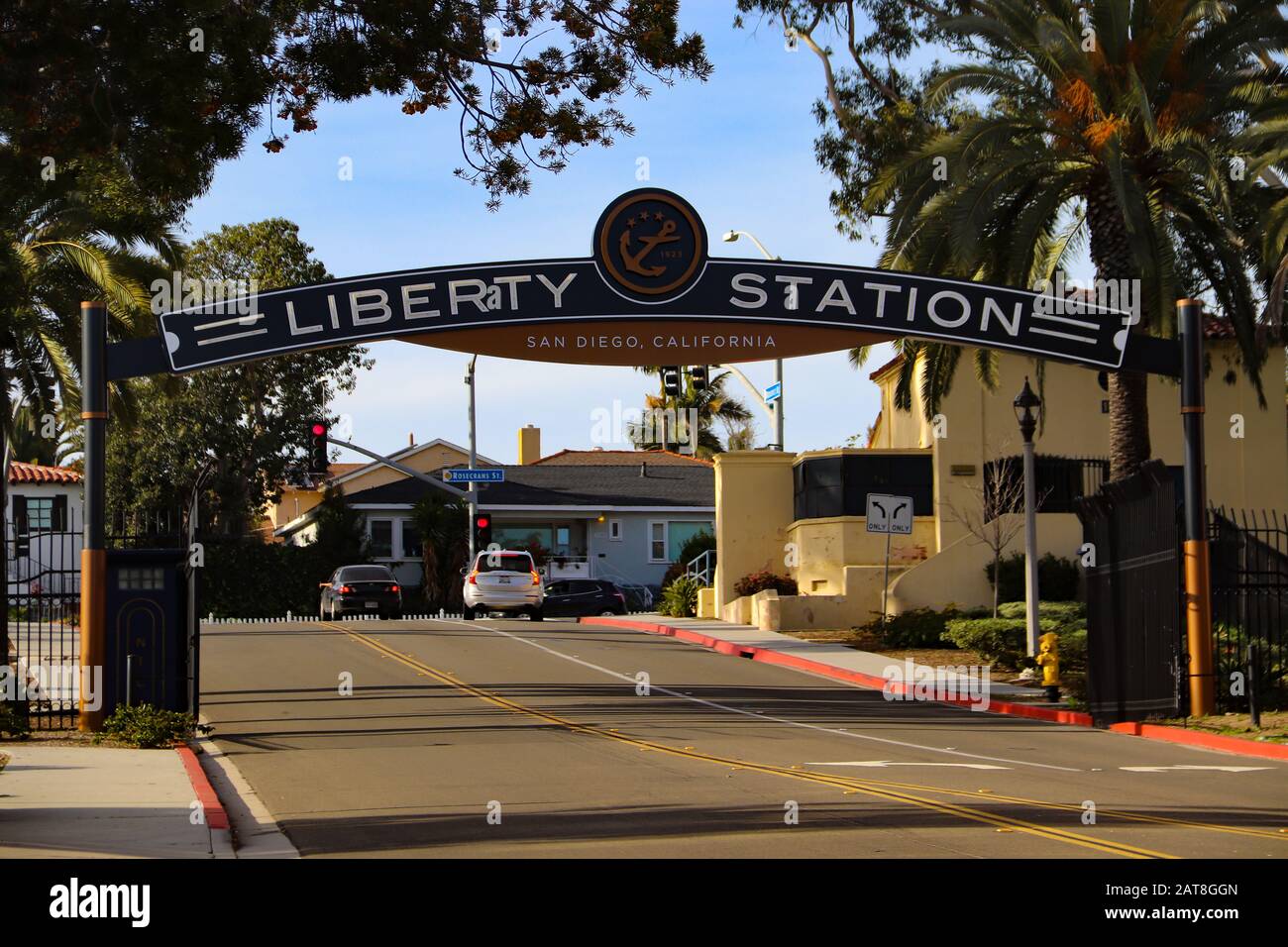 Segnaletica presso la Liberty Station, l'ex centro di formazione navale di San Diego CA Foto Stock
