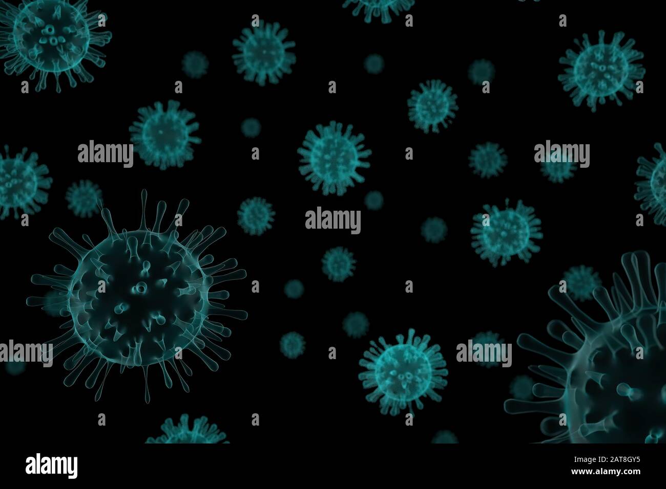 Illustrazione 3D, primo piano del microscopio influenza Virus su sfondo nero Foto Stock