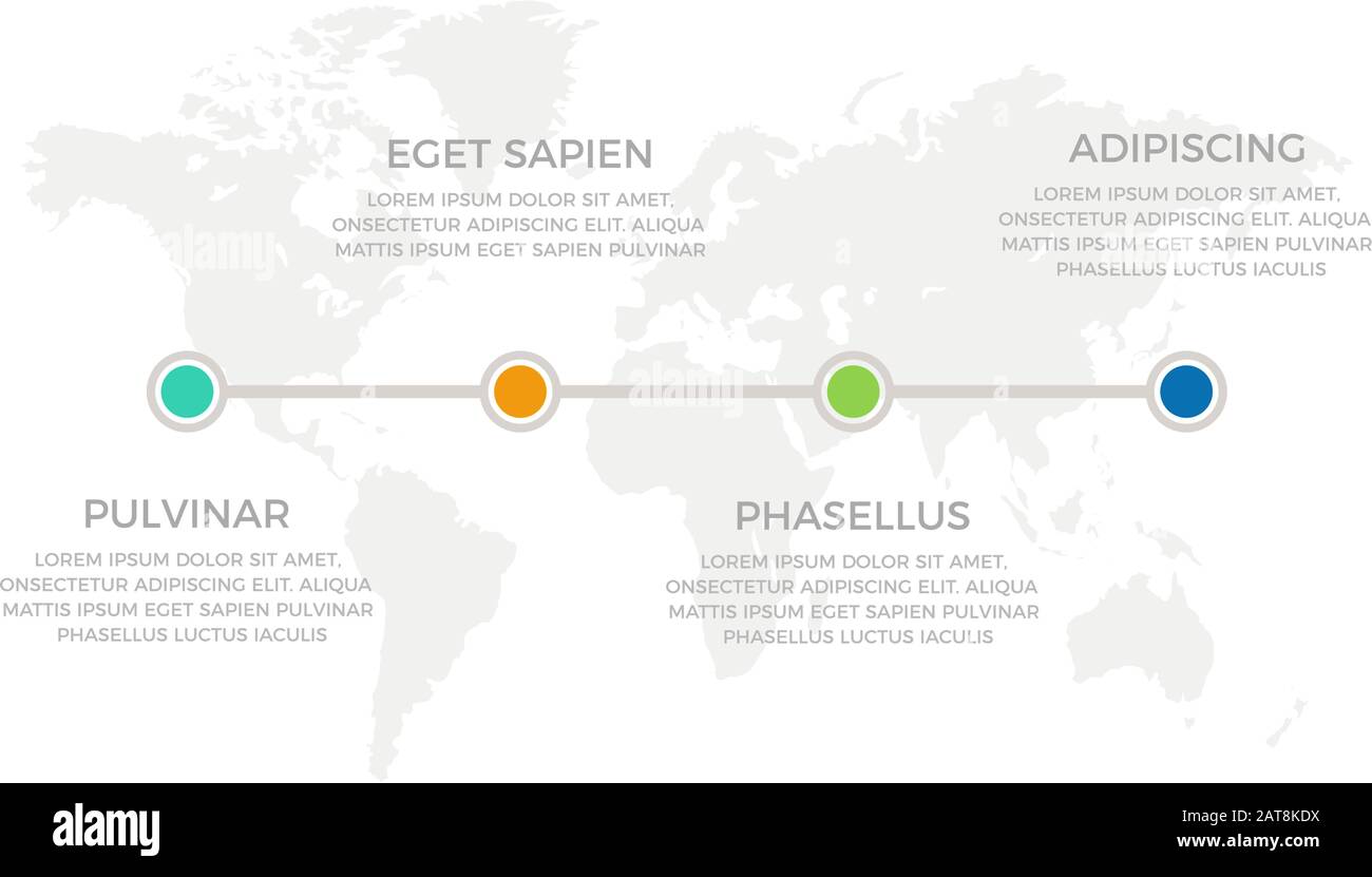 Set di elementi verdi e blu, turchesi e arancioni per l'infografica con diapositive di presentazione su mappe mondiali. Illustrazione Vettoriale