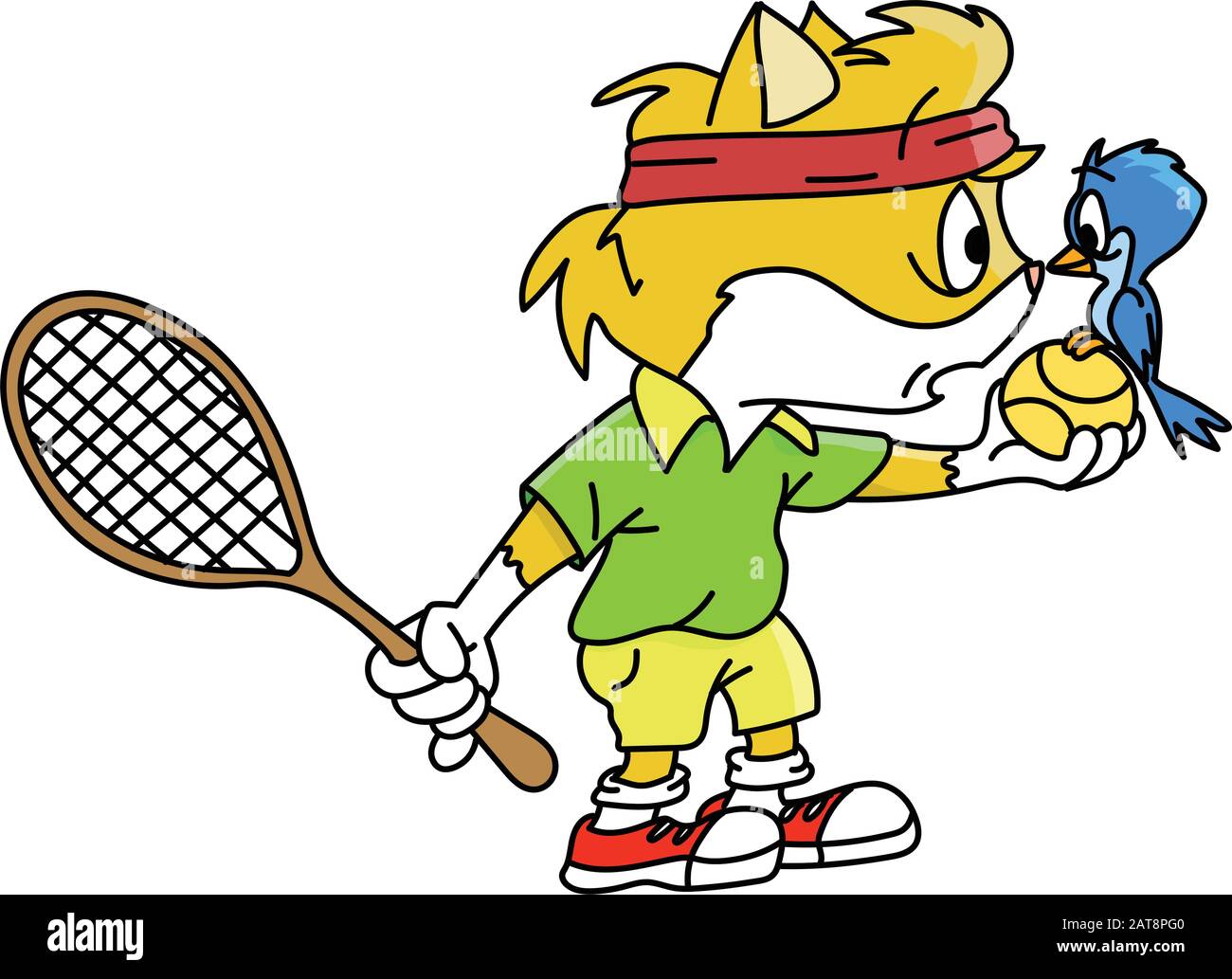 Gatto cartoon giallo che tiene una palla da tennis nelle sue mani illustrazione vettoriale Illustrazione Vettoriale