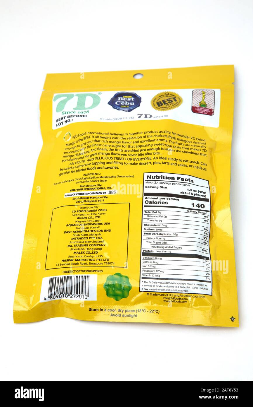 Pacchetti Secchi Mango Da Filippine Nutrition Information Foto Stock