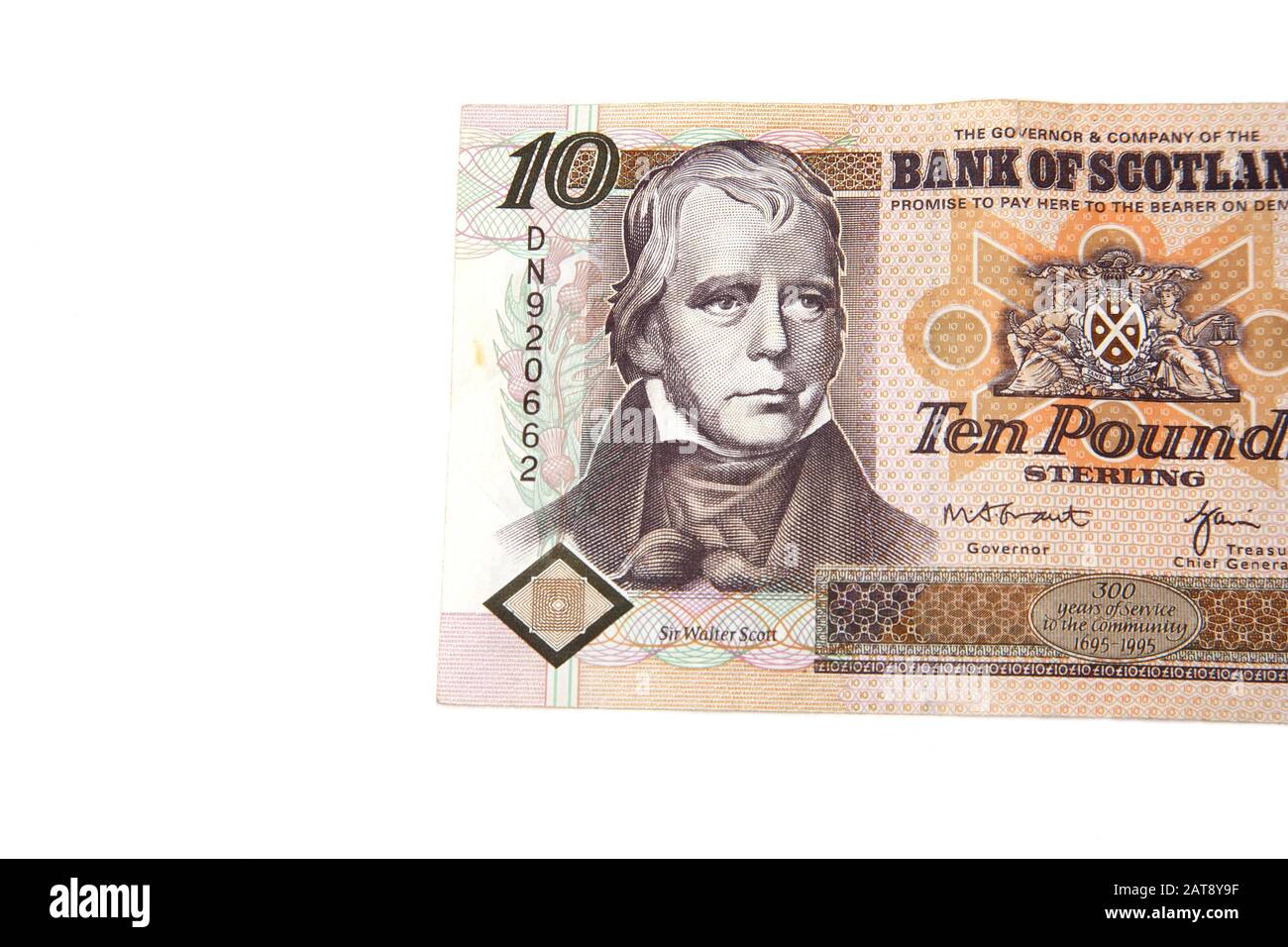 Old 1995 Banca Di Scozia Tercentenary Ten Pound Nota Raffigurante Sir Walter Scott Foto Stock