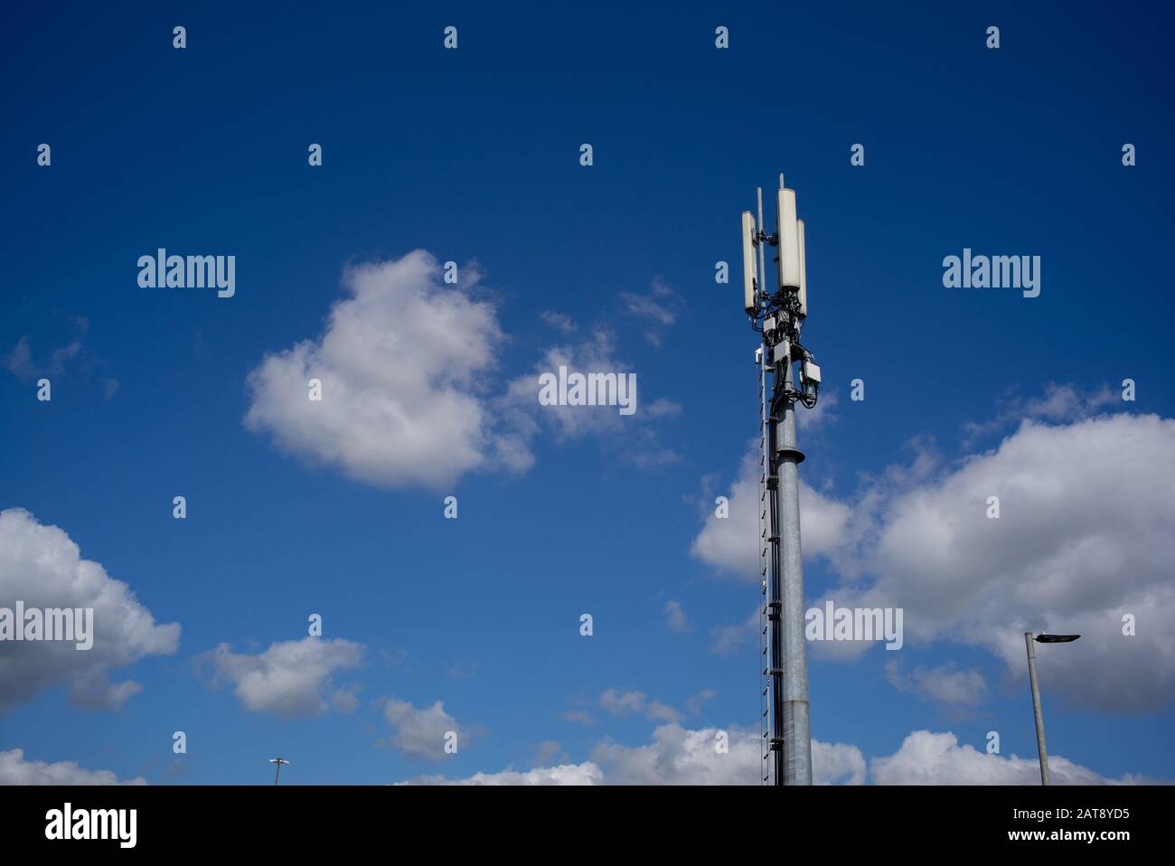 Un albero di un telefono di comunicazione e internet torre contro un cielo blu e nuvole con spazio di copia. Foto Stock