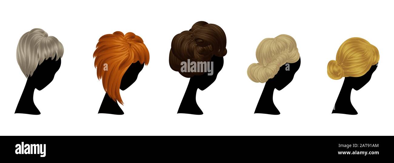 Collezione Vector Women Hairstyles and Haircuts Model Concept - Isolated Blonde, Brown Hair and Ginger Coiffure Design Illustrazione Vettoriale