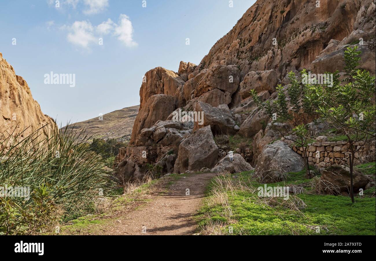 il sentiero escursionistico per il monastero di faran nella riserva naturale di ein prat nella riva occidentale accanto alle antiche rovine dell'acquedotto e la vegetazione ripariana con des Foto Stock
