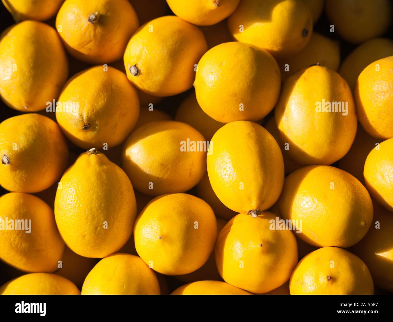 i limoni gialli organici maturi si trovano uno sopra l'altro Foto Stock