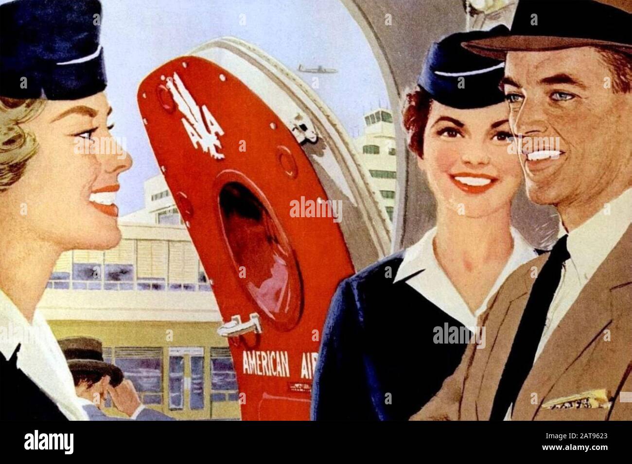 HOSTESS DELLA COMPAGNIA aerea americana in un annuncio di 1950s Foto Stock