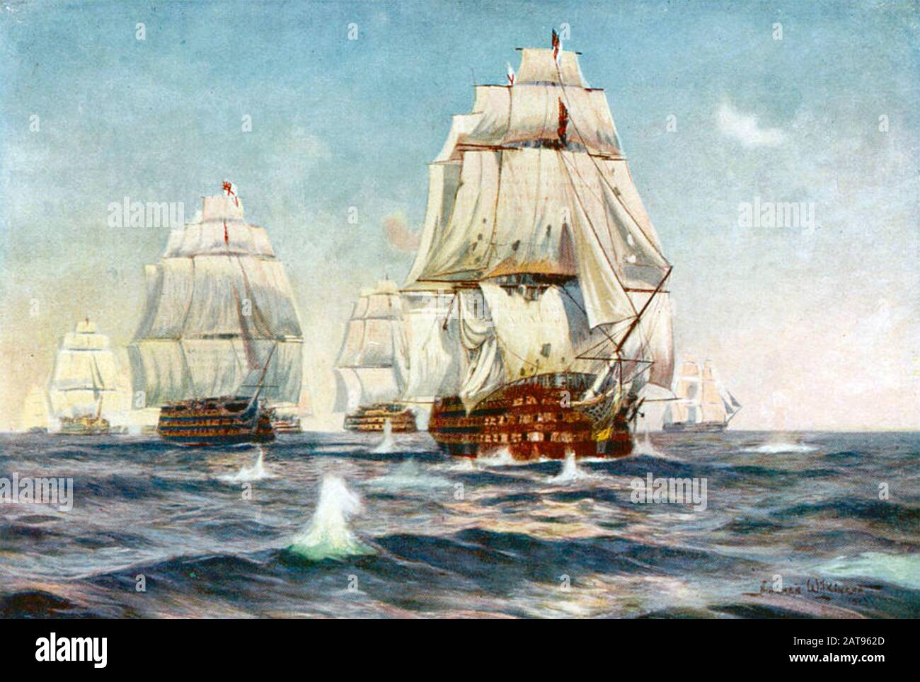 BATTAGLIA DI TRAFALGAR 21 OTTOBRE 1805. La nave di Nelson HMS Victory ingaggiare il nemico in un'illustrazione 1930s per la carta dei ragazzi. Foto Stock