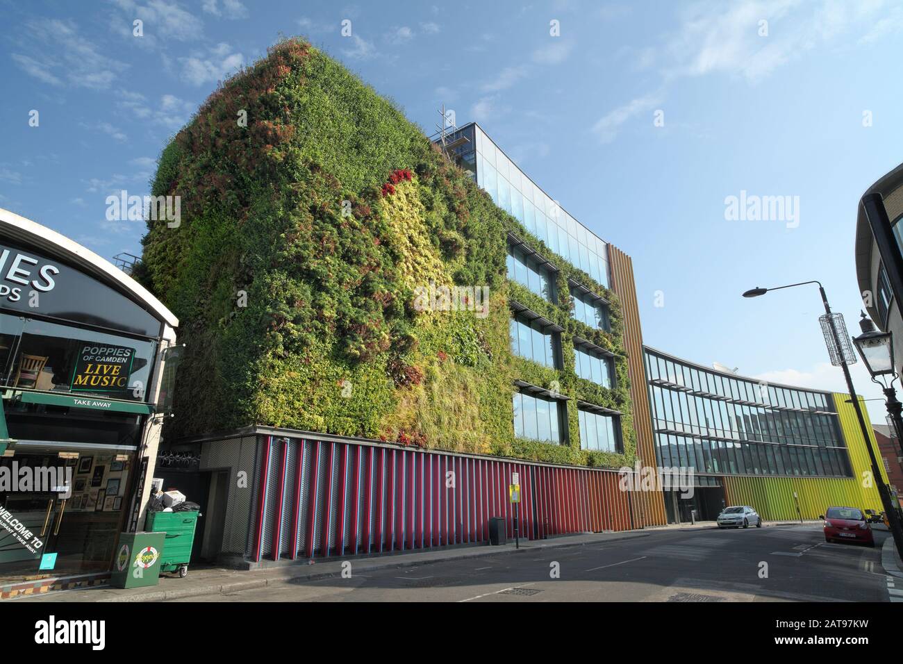 Un ‘muro vivente’ sulla façade dell’edificio Viacom, Hawley Crescent, Camden Lock, Londra. Foto Stock