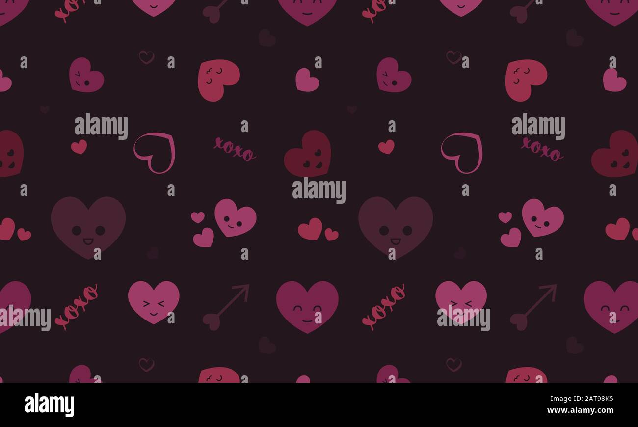 Motivo romantico e senza cuciture con cuori carini con facce emoji e frecce nei toni del rosso e del rosa. Ideale per sfondi, backdrop e banner. Illustrazione Vettoriale