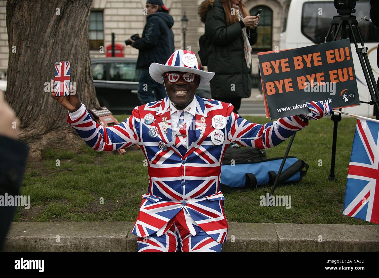 Joseph Afrane alle celebrazioni del giorno della Brexit Foto Stock