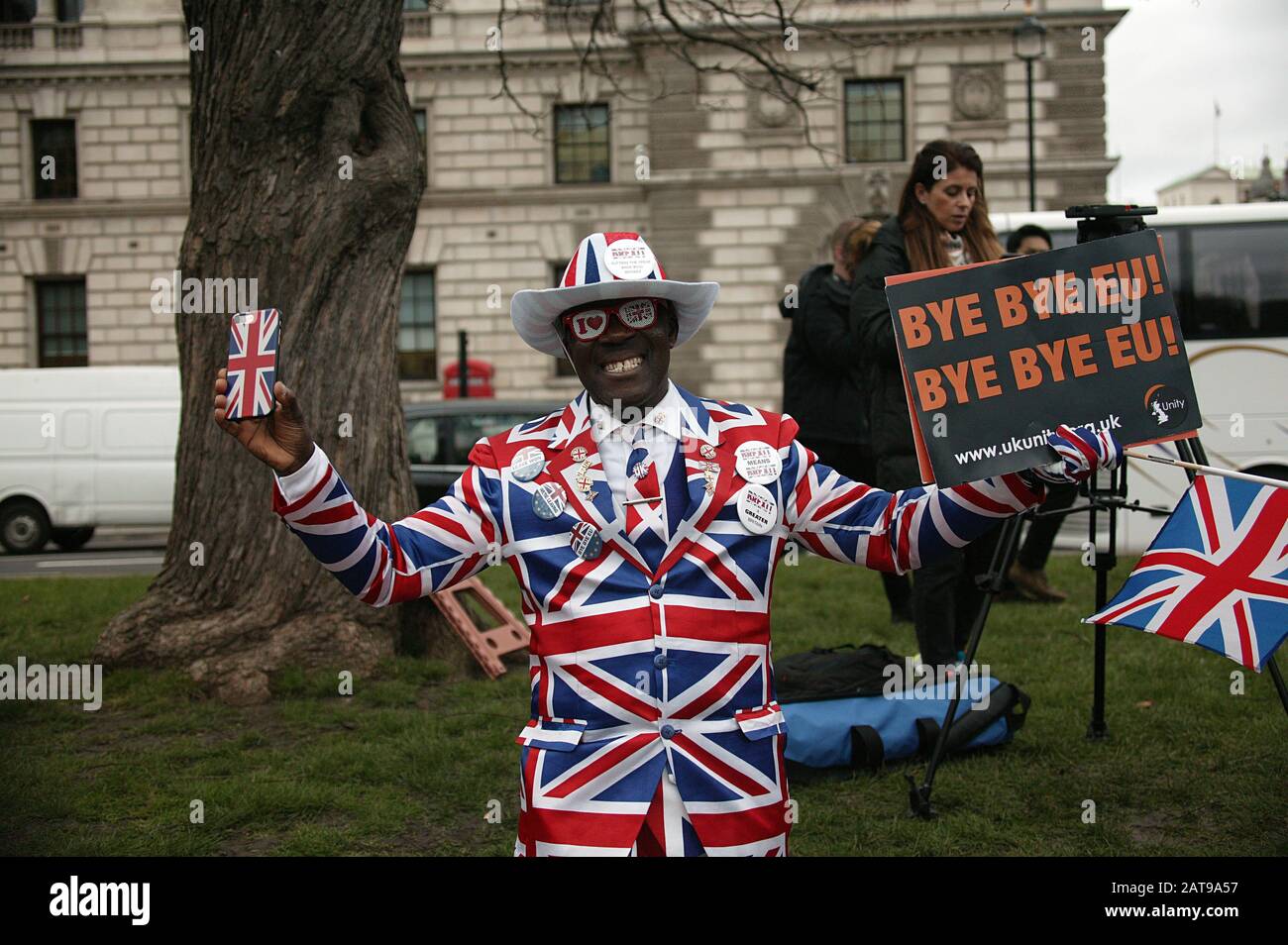 Joseph Afrane alle celebrazioni del giorno della Brexit Foto Stock