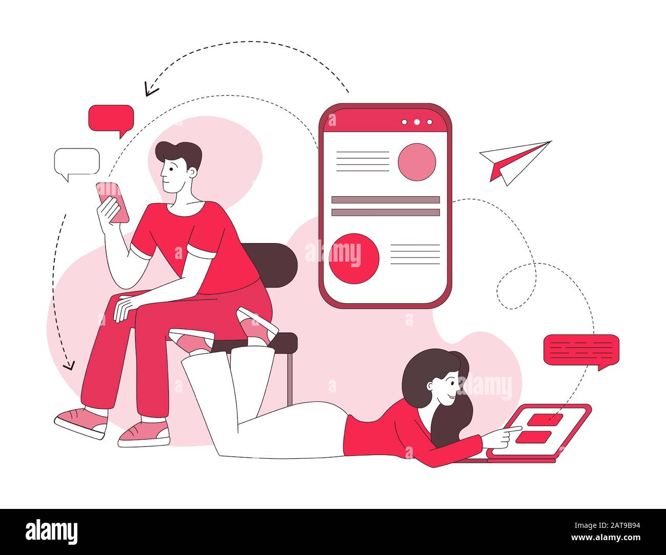 Illustrazione vettoriale lineare di accoppiamento chat. Social media messaging, forum internet, comunicazione online rosso lineart concetto. Donna e uomo che utilizzano computer portatili, smartphone, digitando i caratteri dei messaggi Illustrazione Vettoriale