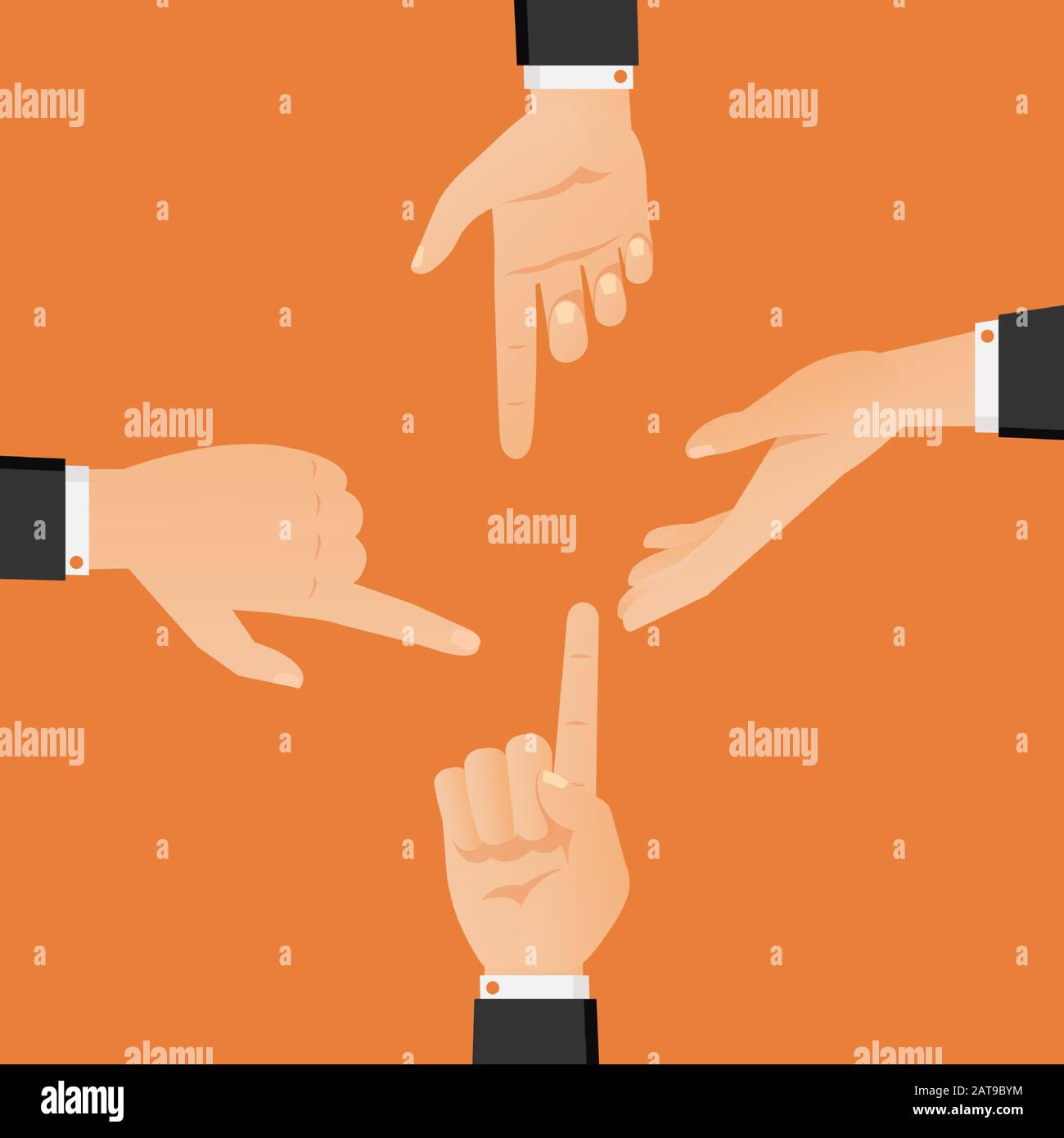 Set di mani che puntano l'una verso l'altra illustrazione vettoriale. Gesti a mano piatta in abiti neri che mostrano e dirigono, argomento e braccia di discussione isolato su sfondo arancione. Illustrazione Vettoriale