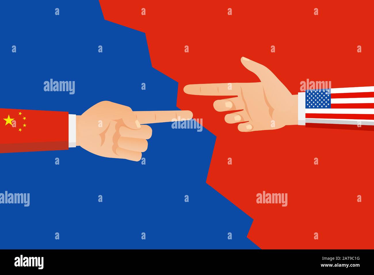Mani con bandiere di Cina e Stati Uniti d'America che si puntano l'un l'altro. La guerra commerciale tra Cina e Stati Uniti illustrazione vettoriale. Conflitto, discussione tra due superstates, le esportazioni contestano il concetto piatto. Illustrazione Vettoriale