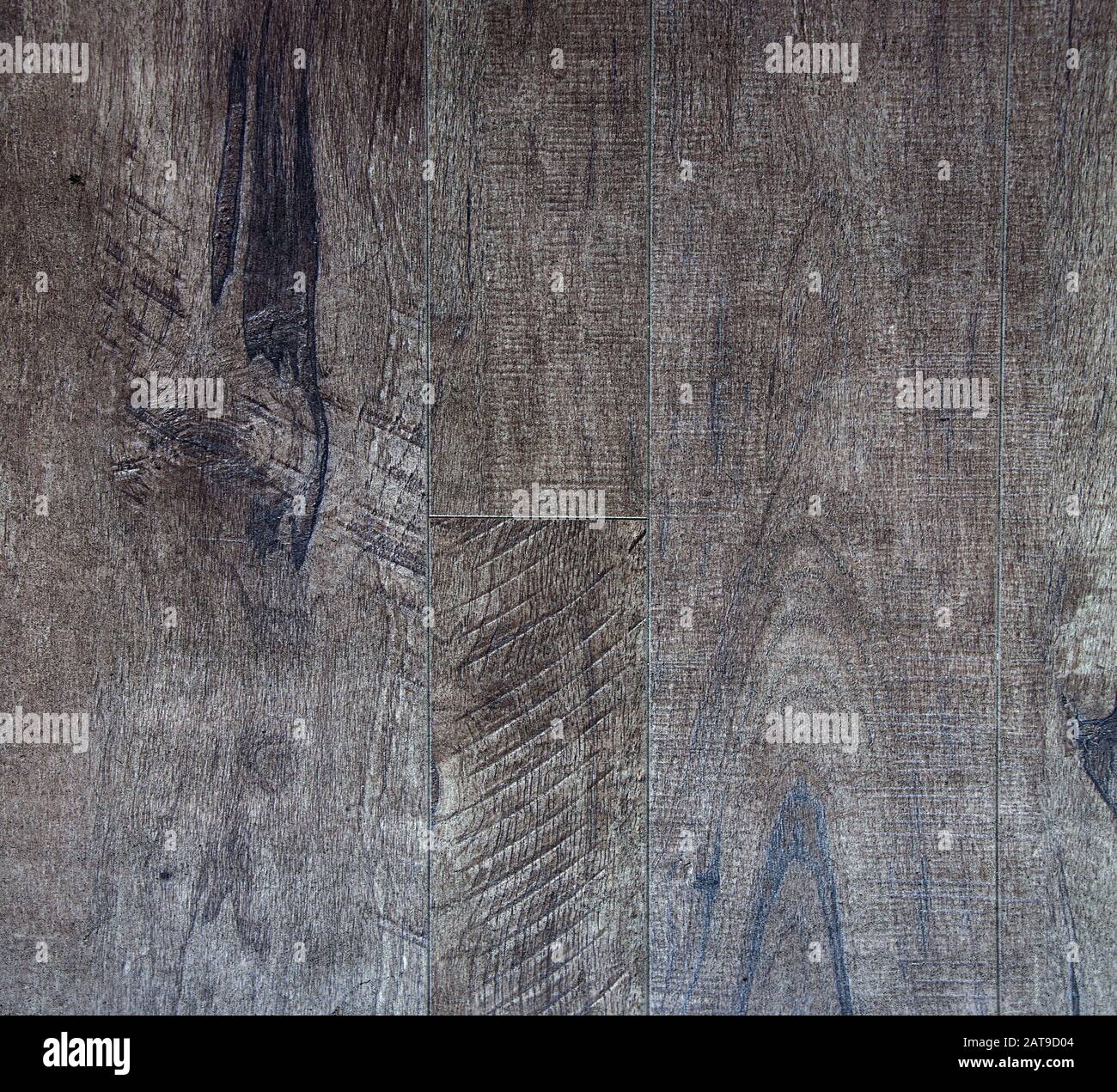 Pavimento in legno indossato con sfondo testurizzato in tonalità medie con tavole che corrono in verticale. 12x12 per sfondi, elementi di pagina, sfondi per la progettazione grafica. Foto Stock