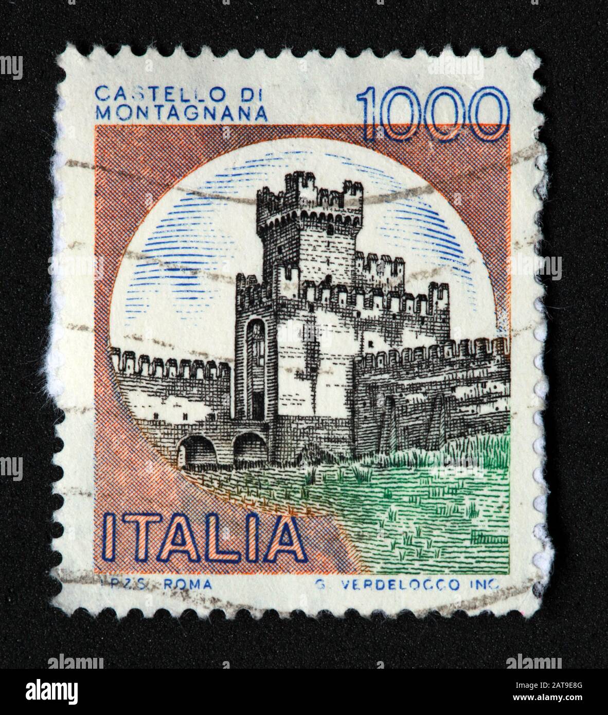 Francobollo italiano, poste Italia usato e affrancato, castelli d'Italia, Italia 1000Lire Castello di Montagnana G.Verdelocco inc Foto Stock