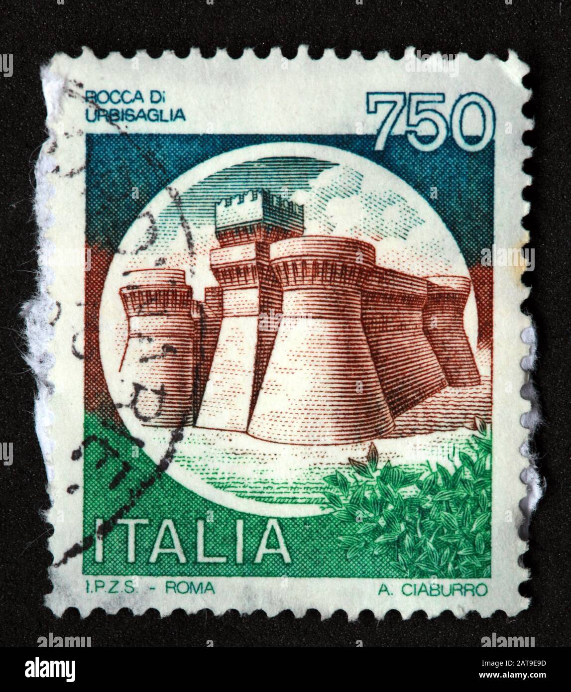 Francobollo italiano, poste Italia usato e affrancato, castelli d'Italia, Italia 750lire bocca di Urbisaglia Roma A.Ciaburro Foto Stock