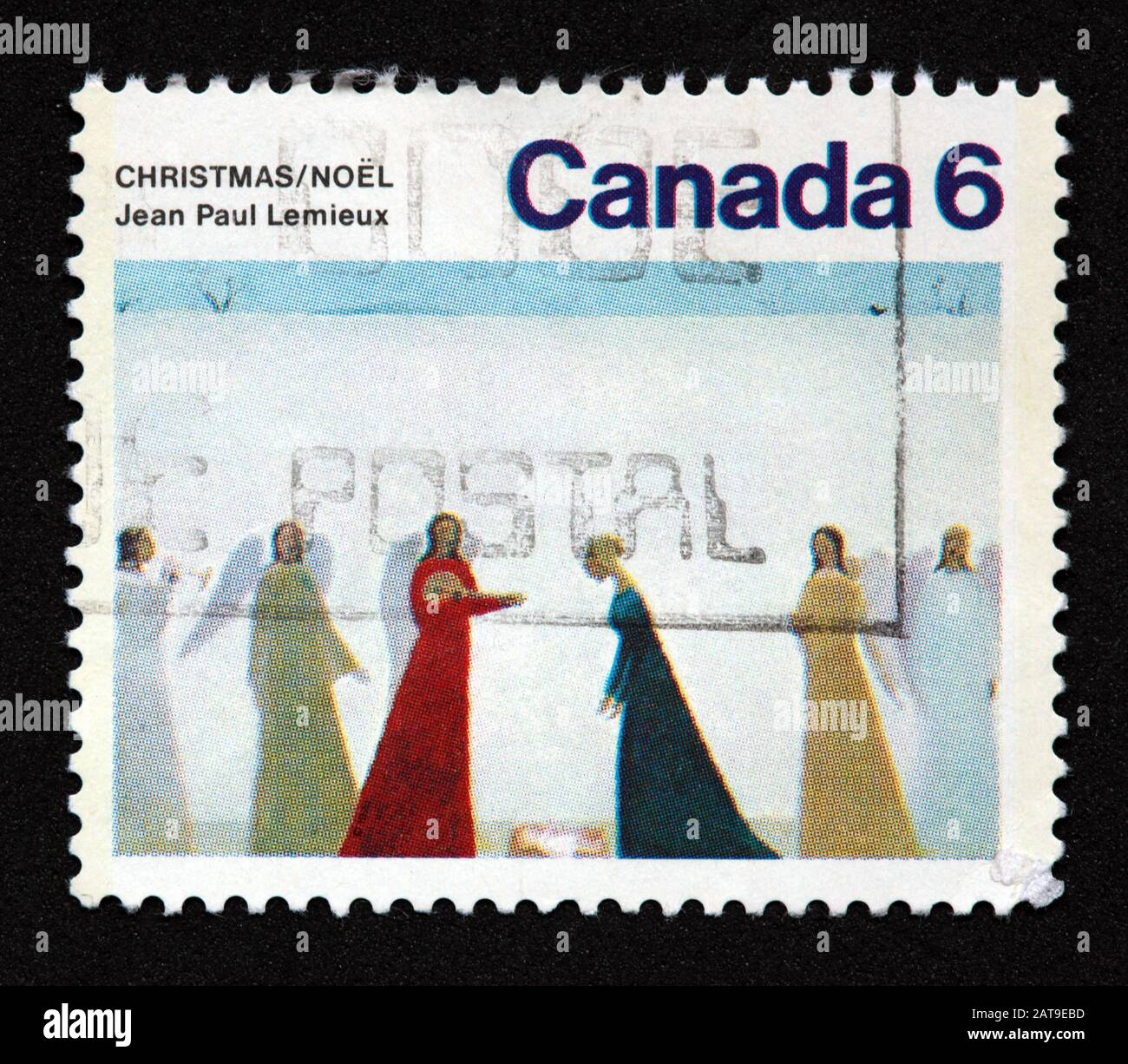 Timbro canadese, Canada Stamp, Canada Post, usato Stamp, Jean Paul Lemieux, angeli , 6 dollari, Natale , Noel, Jean Paul Lemieux , angeli, 6c, 6cent Foto Stock