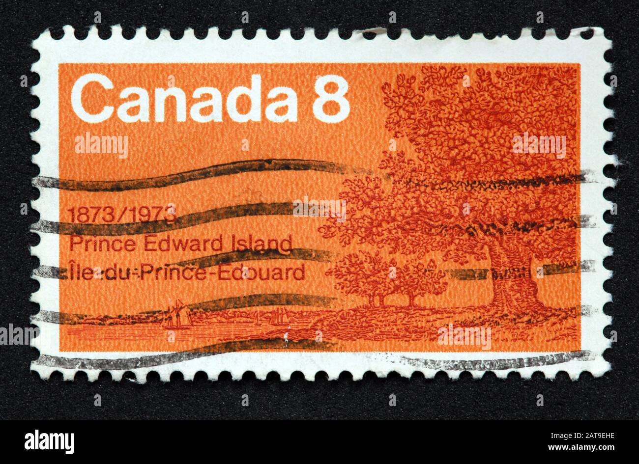 Timbro canadese, Canada Stamp, Canada Post, usato Stamp, Canada 8c, 8cent, , 1873-1973, Isola del Principe Edoardo, ile du Prince-edouard, Orange, Orange Stamp Foto Stock