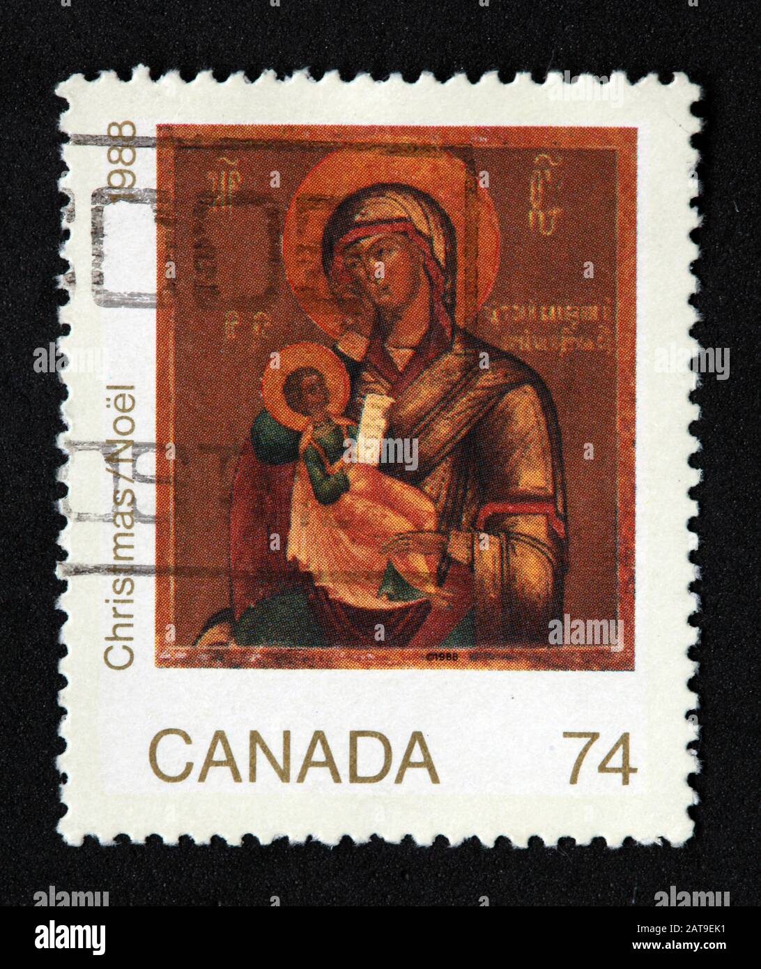 Timbro Canadese, Canada Stamp, Canada Post, Usato Stamp, Canada 74c , 1988, Natale, Noel, Mary, Christ, Jesus Christ Foto Stock