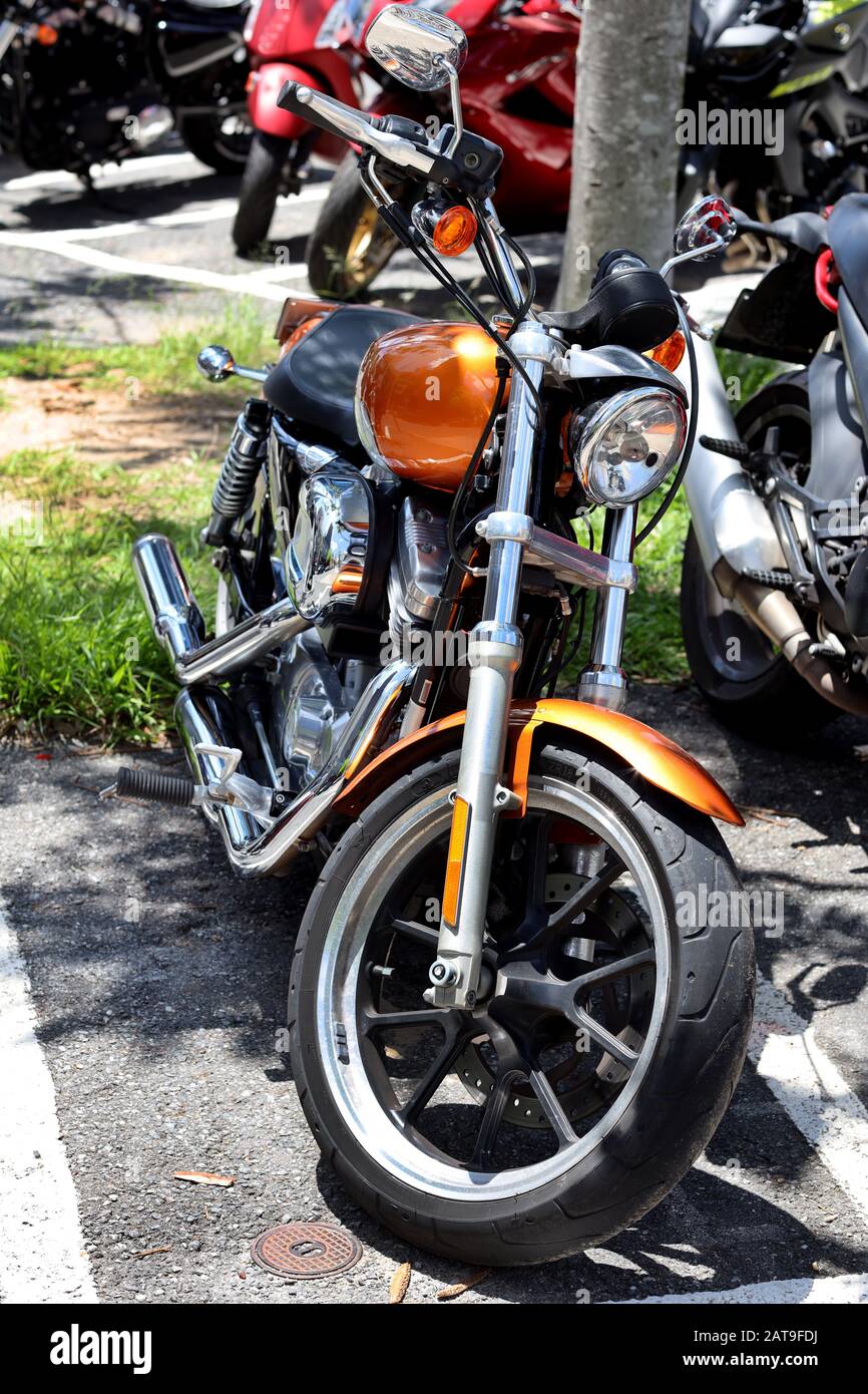 Moto: Immagine a colori di un bel classico harley con accenti dorati dipinti di marrone e forcelle cromate luminose, tubi e manubri, parcheggiati all'esterno. Foto Stock