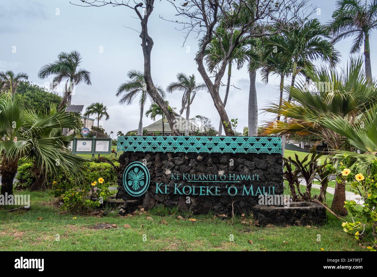 Kahului, Maui, Hawaii, Stati Uniti. - 12 gennaio 2020: Segno nativo della lingua per l'università delle Hawaii, campus dell'università di Maui, regolato nel fogliame verde e nel fiore p Foto Stock