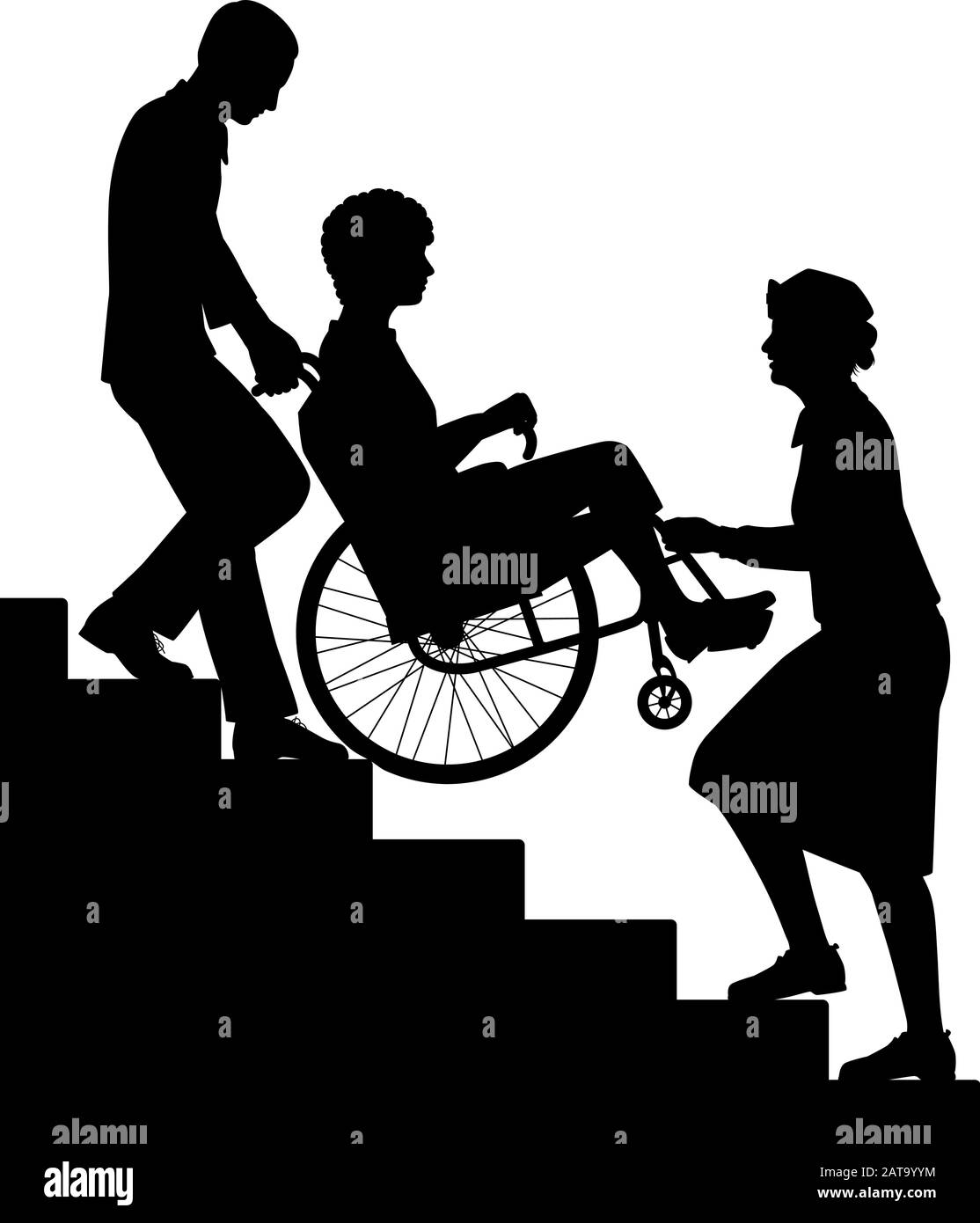 Sagoma vettoriale modificabile di due persone che trasportano un paziente su una sedia a rotelle con tutte le figure come oggetti separati. Illustrazione Vettoriale