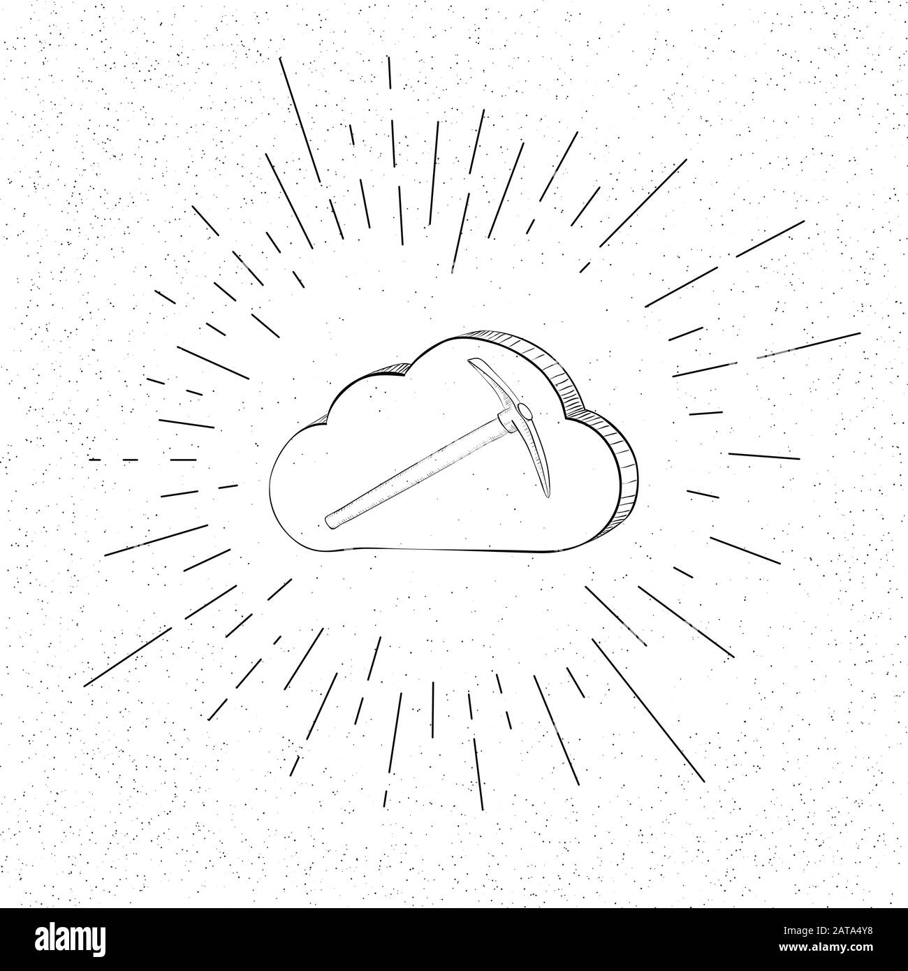 Simbolo Pickaxe di estrazione a mano di Crypto Currency Cloud - icona Doodle Vector Hatch Illustrazione Vettoriale