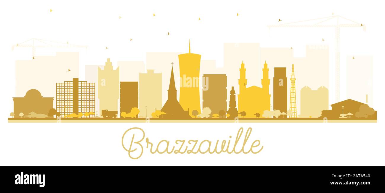 Brazzaville Repubblica Del Congo City Skyline Silhouette Con Edifici Dorati Isolato Su Bianco. Illustrazione Vettoriale. Concetto Di Viaggio E Turismo. Illustrazione Vettoriale