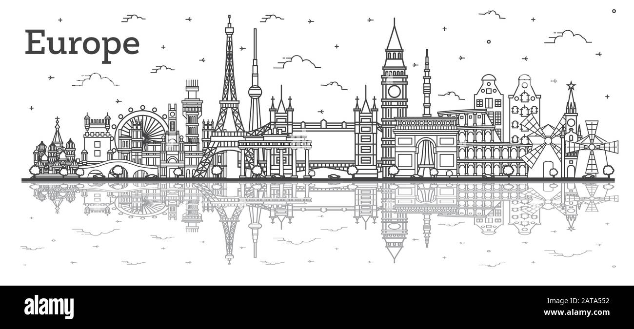 Delineare i luoghi famosi in Europa con riflessioni. Illustrazione Vettoriale. Viaggi di affari e turismo Concept. Immagine per presentazione, Banner, cartellone Illustrazione Vettoriale