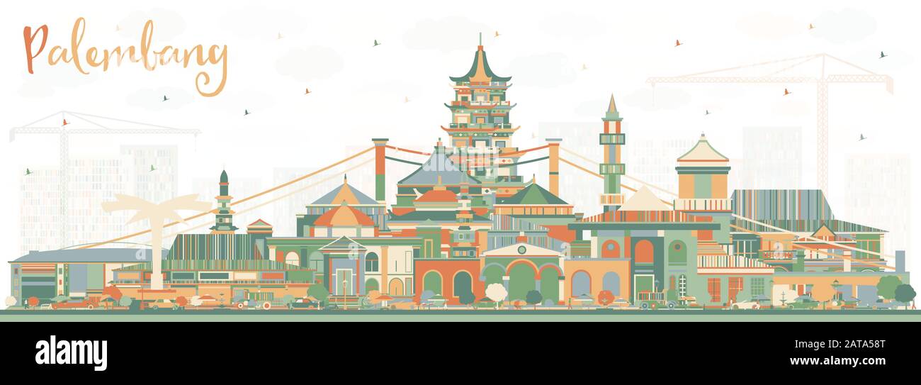 Palembang Indonesia City Skyline Con Edifici A Colori. Illustrazione Vettoriale. Concetto Di Viaggio D'Affari E Turismo Con Architettura Storica. Illustrazione Vettoriale