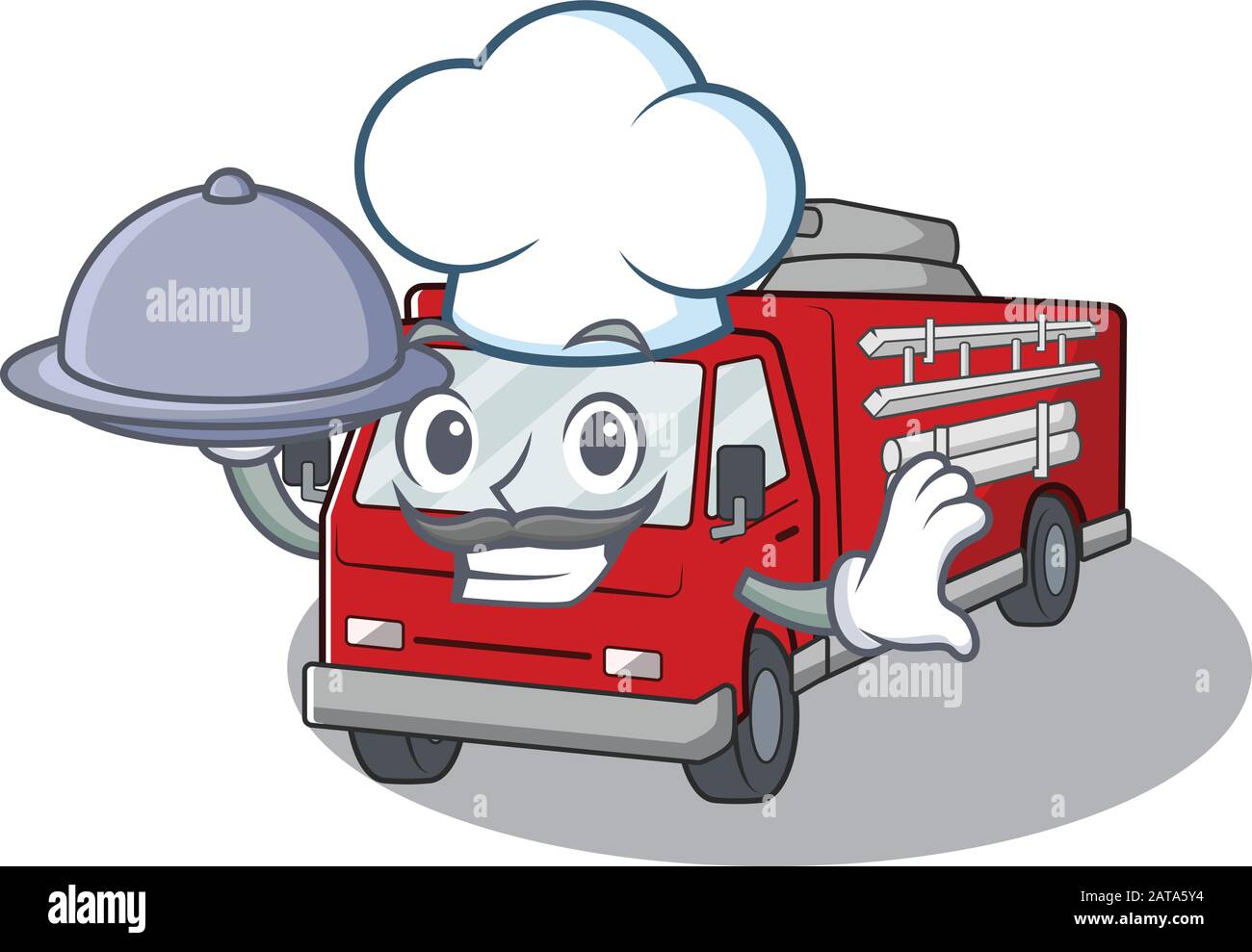 Disegno del cartone animato del camion del fuoco come cuoco unico che ha cibo sul vassoio Illustrazione Vettoriale