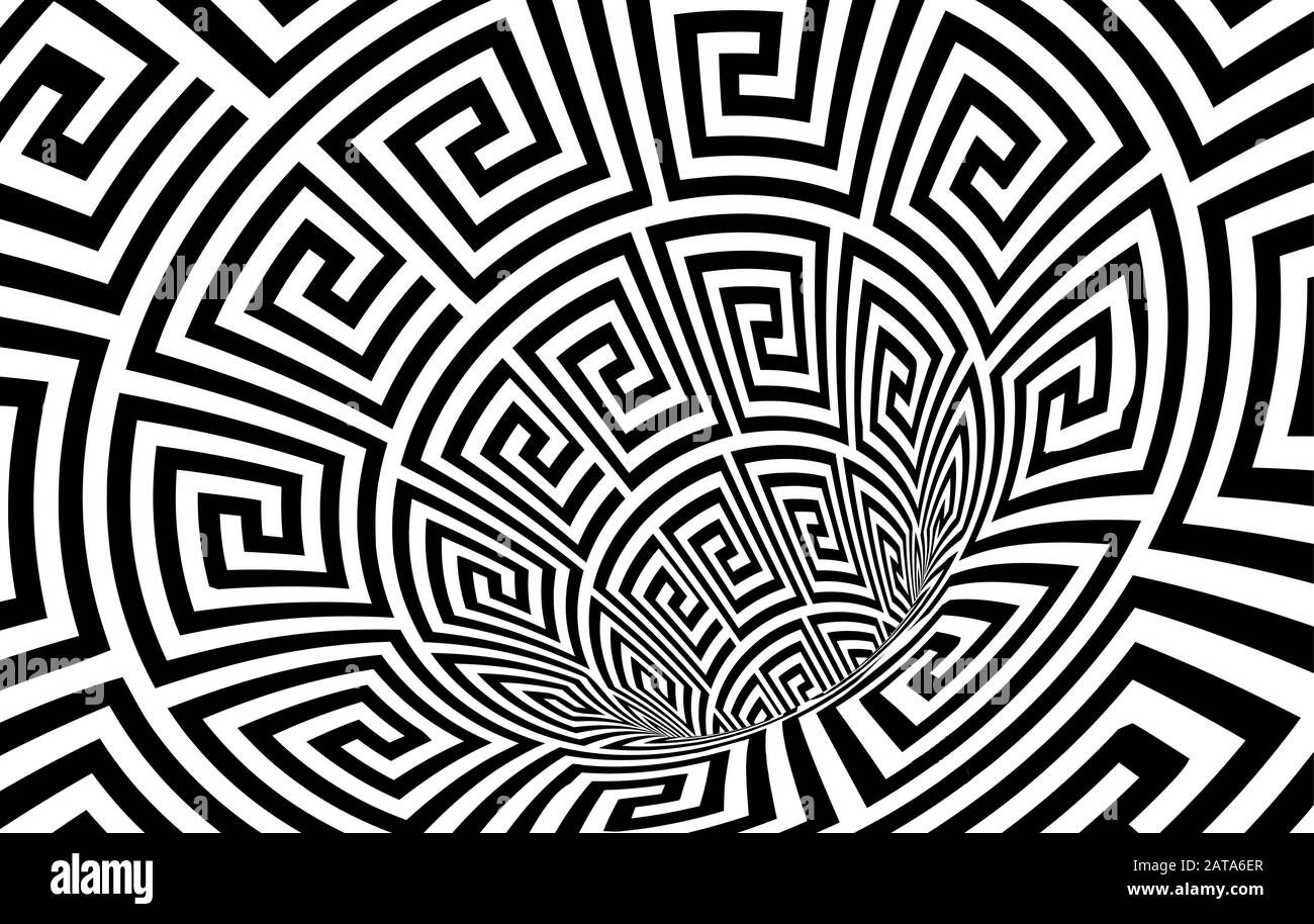 Geometric Black And White Abstract Hypnotic Worm-Hole Tunnel - Optical Illusion - Vector Illusion Meander Modeled Op Art Illustrazione Vettoriale