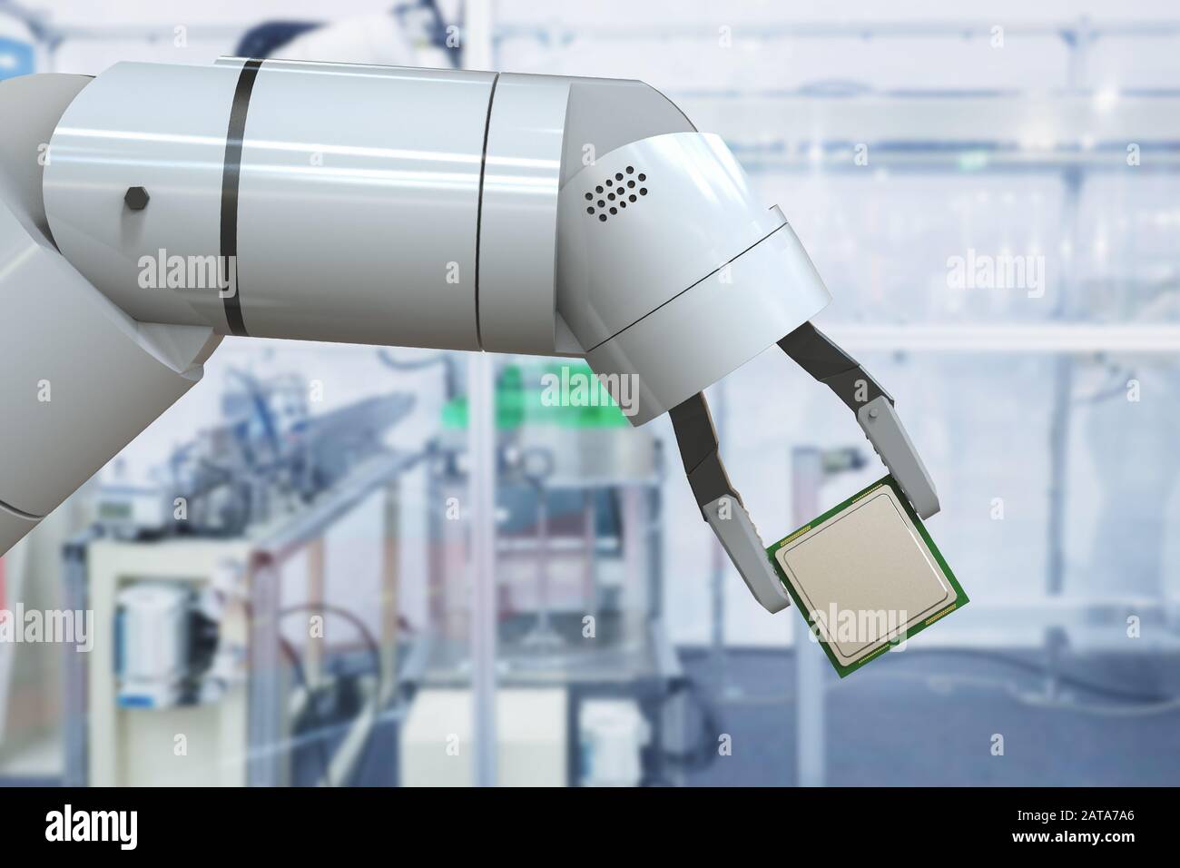chip cpu robot per il rendering manuale 3d in fabbrica Foto Stock