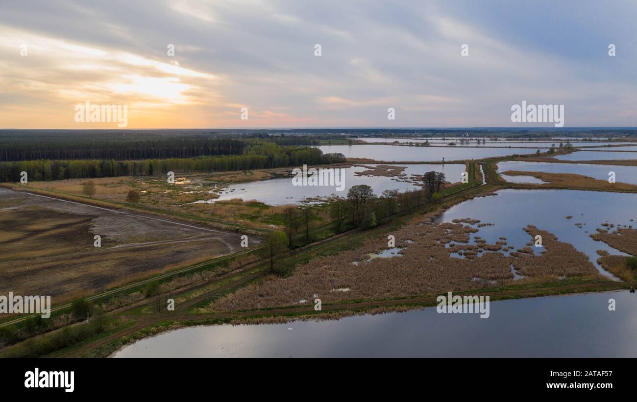 Bel tramonto sopra laghetto di pesca in fattoria. Paesaggio acquatico di campagna. Foto Stock