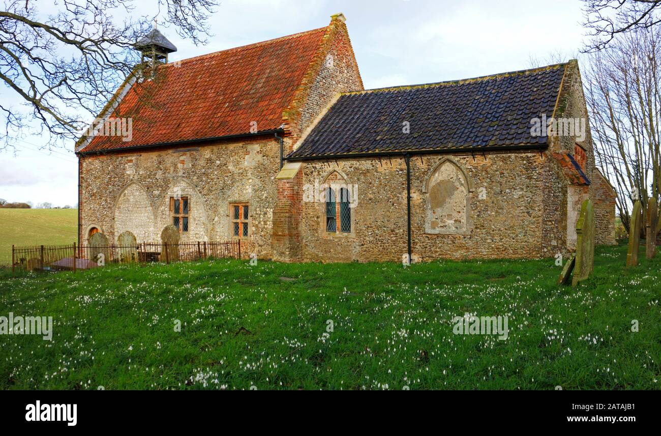 Una vista della piccola chiesa Di tutti i Santi con Snowdrops, Galanthus nivalis, nel villaggio di Waterden, Norfolk, Inghilterra, Regno Unito, Europa. Foto Stock