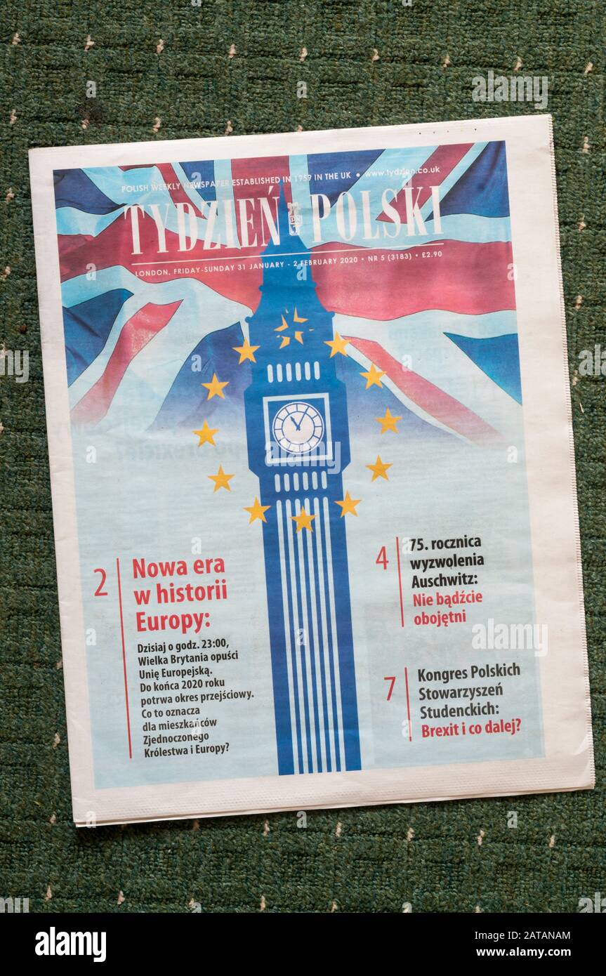La prima pagina del quotidiano polacco inglese Tydzien Polski, pubblicato il giorno in cui il Regno Unito lascia l'Unione europea. Foto Stock