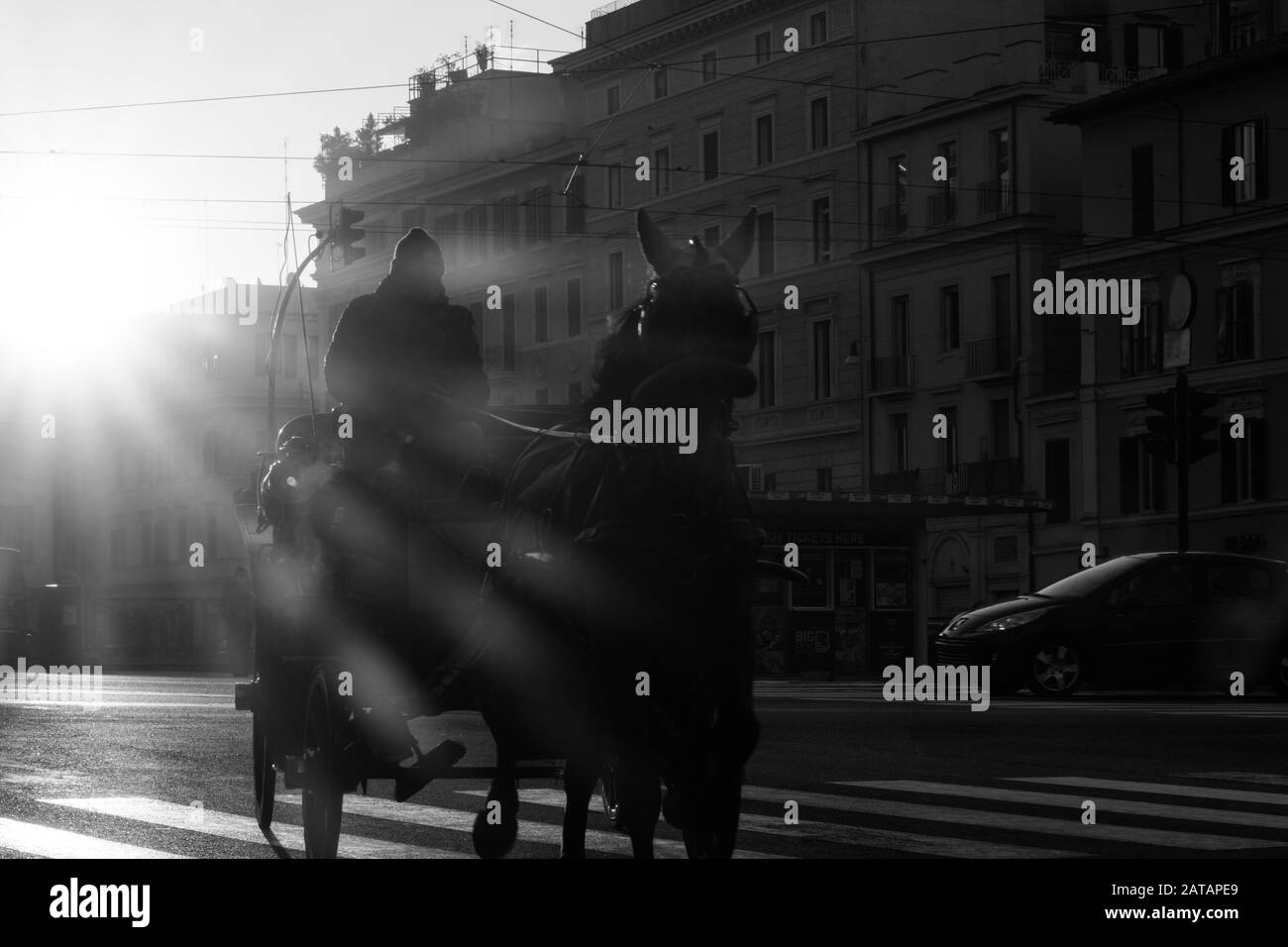 Roma, Italia - 2 gennaio 2020: Un cavallo e un giro in carrozza vicino al Colosseo nel centro di Roma, Italia. Foto Stock