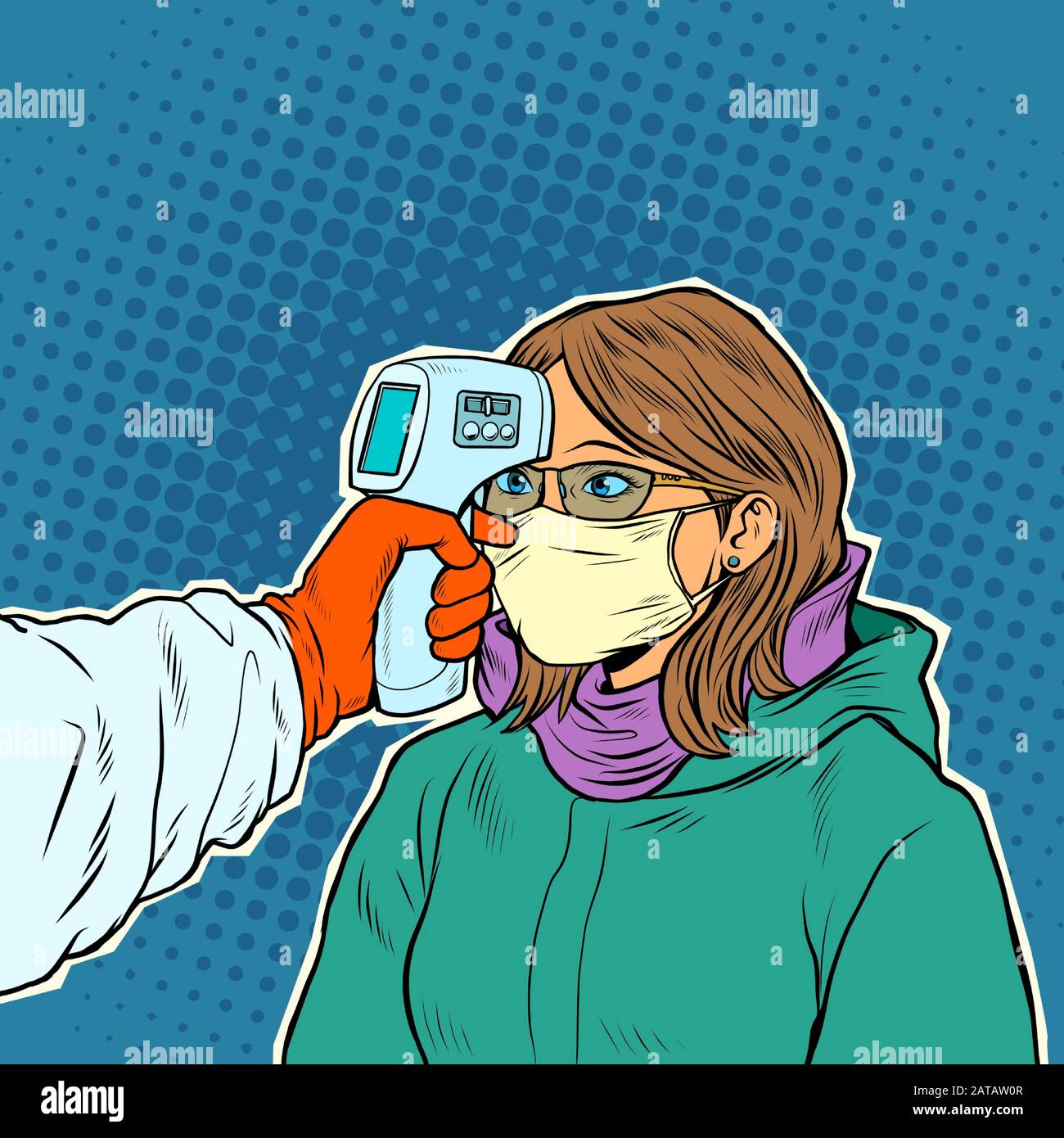 Un medico misura la temperatura di una donna in una maschera medica. Nuovo Wuhan coronavirus 2019-nCoV epidemia Illustrazione Vettoriale