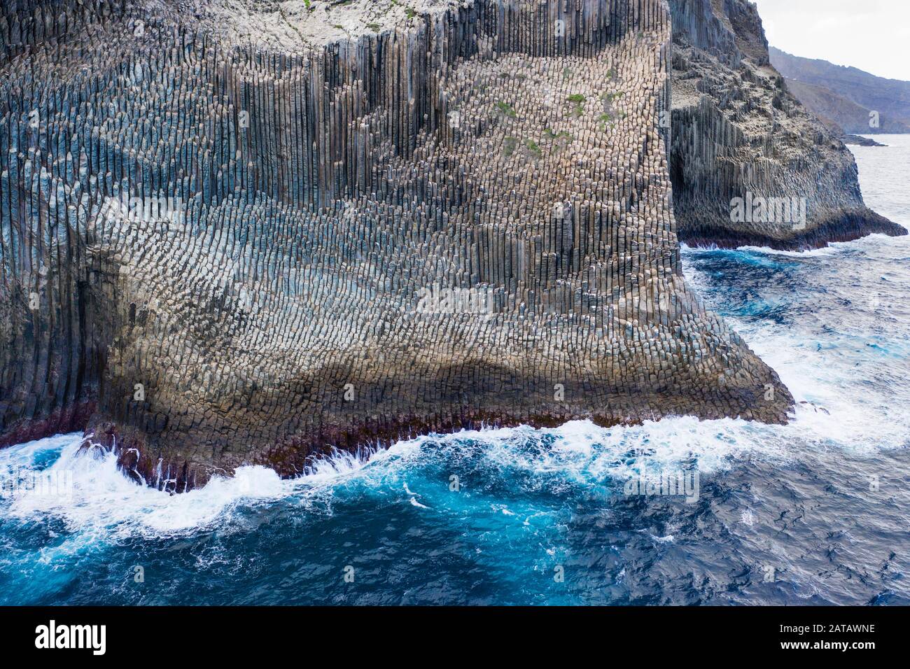 Formazione di rocce basaltiche Los Organos, Organ Pipe Rock, nei pressi di Vallehermoso, veduta aerea, la Gomera, Isole Canarie, Spagna Foto Stock