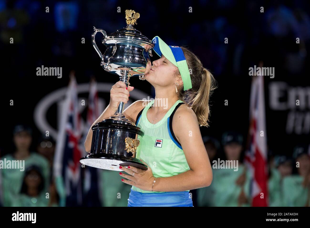 Melbourne, Australia. 01st Feb, 2020. Sofia Kenin degli Stati Uniti ha sconfitto Garbiñe Muguruza di, Spagna., . a Melbourne Park, Melbourne, Australia il 1 febbraio 2020. Foto Di Peter Dovgan. Credit: Uk Sports Pics Ltd/Alamy Live News Foto Stock