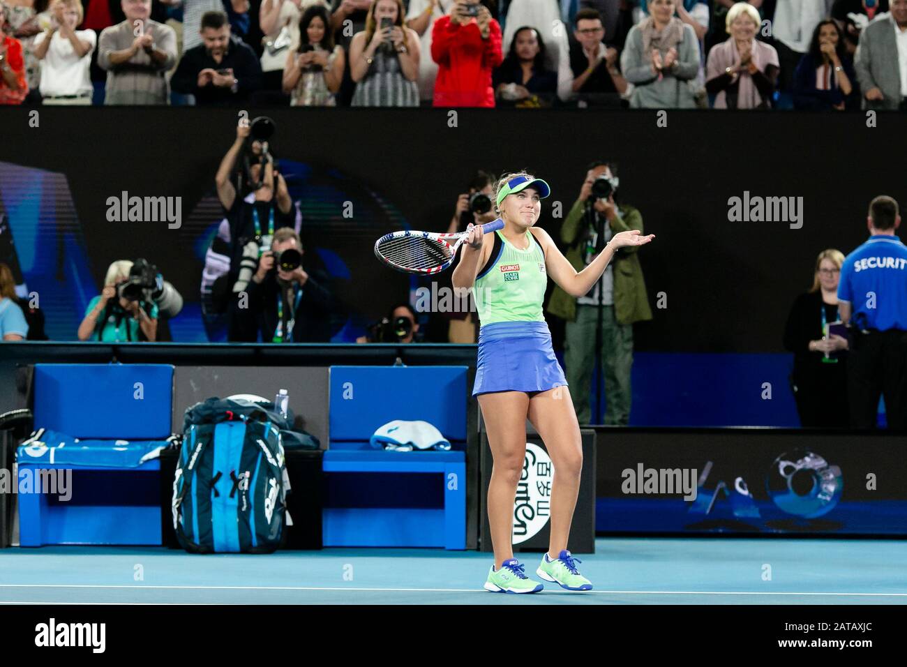 Melbourne, Australia. 01st Feb, 2020. Tennis: Grand Slam, Australian Open. Damn, singles, final, Kenin (USA) - Muguruza (Spagna). Sofia Kenin reagisce dopo il punto di incontro. Merito: Frank Molter/Dpa/Alamy Live News Foto Stock