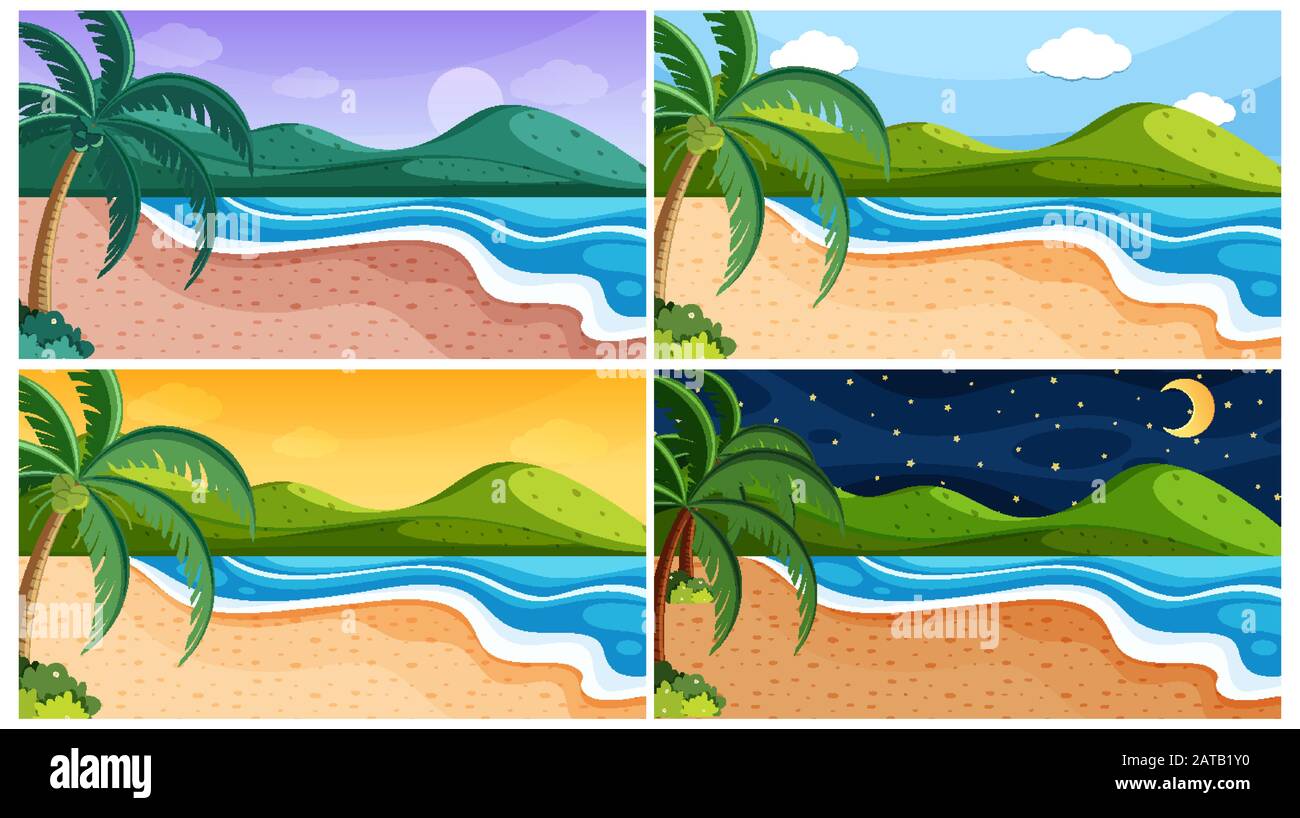 Scene di sfondo con spiagge in diversi momenti di illustrazione Illustrazione Vettoriale