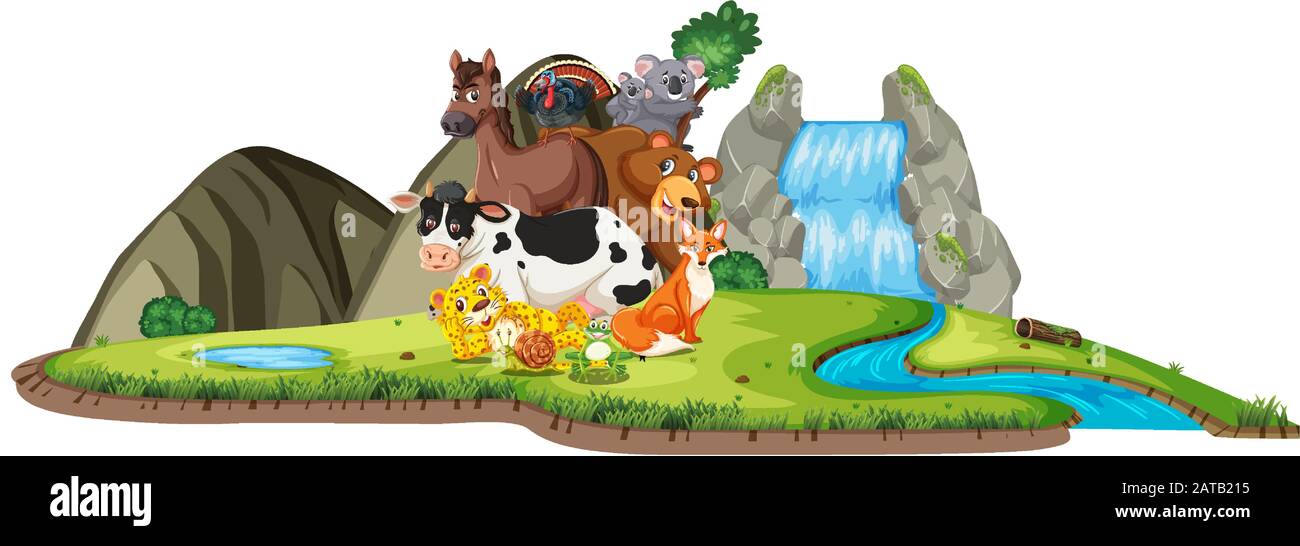 Scena con molti animali selvatici dalla cascata illustrazione Illustrazione Vettoriale